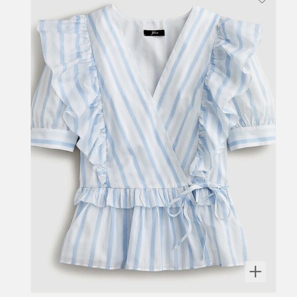 J Crew Womens 2X XXL Blue White Wrap Top Blouse Stripe Ruffle Tie Cotton - Picture 1 of 10